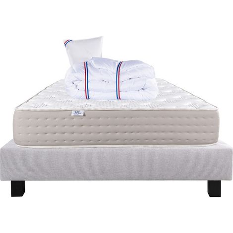 Ensemble Matelas Dreamlux 26cm ressorts ensachés mousses haute densité ferme face été/hiver+sommier gris ep20cm+oreiller+couette, 90x190cm (1/5)