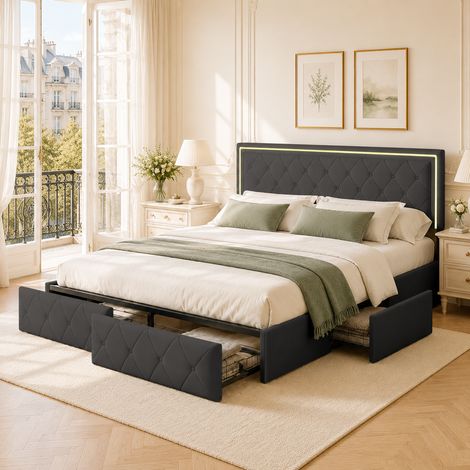 Lit double 140 x 200 avec tête de lit réglable - Lit adulte 140 x 200 avec 4 tiroirs sous le lit - Sommier à lattes - Cuir PU imperméable - Gris (1/5)