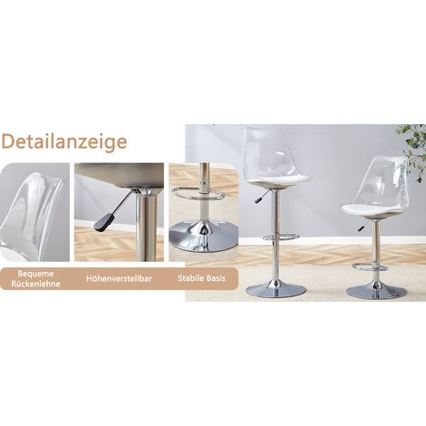 Moderner verstellbarer Barhocker-Satz,2 Stück mit transparenten Kunststoffrücken und PU-Ledersitz,silberfarbigen Metallbeinen.Höhenverstellbar, gleichzeitig 360° drehbar, geeignet für Küche, Bistros. (1/5)