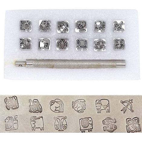 Herramienta para estampar letras, punzón para estampar metal, 12 piezas de herramientas de estampado de aleación de zinc para manualidades en cuero y 1 mango para metal, madera, letras (1/5)