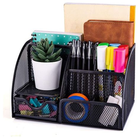 Multifunctional Desktop Storage, Simple Mesh Desk Organizer with Sliding Drawer, Space-Saving Pen Holder (Black)