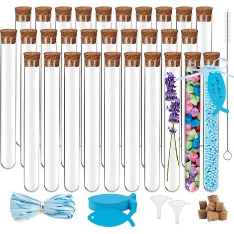 Dieses Set enthält 30 durchsichtige Kunststoff-Reagenzgläser (20 x 150 mm) mit Korken, 35 Kartonetiketten, 10 Meter Schnur und 2 Trichter. Diese Reagenzgläser eignen sich perfekt für Hochzeiten. (1/5)