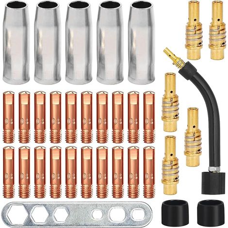 Kit de Torche de Soudage, 34 Pcs Embouts de Contact de Buse de Soudage, Ensemble de Support de Connecteur de Gaz, Contact, Buse, Connecteur, Isolant, Outil pour Torche de soudage MIG MAG