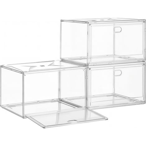 Boîtes à Chaussures, Lot de 3, Empilable, en Plastique, Pointure 47, pour Entrée, Blanc (1/5)