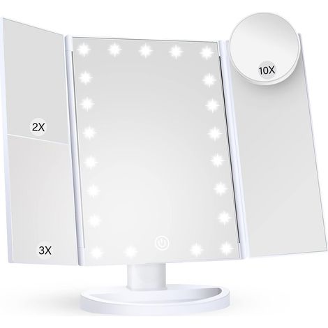 Miroir de courtoisie à trois volets avec grossissement et éclairage (1/5)