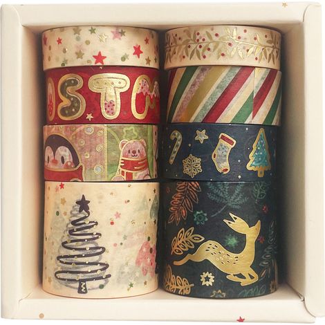 Ruban Adhésif Décoratif - Papier Kraft Imprimé Noël - Pour Scrapbooking Et Emballage Cadeaux - 8 Rouleaux