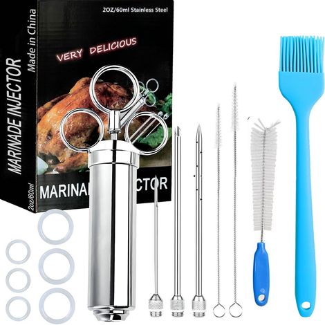 Injecteurs pour fumage en acier inoxydable - Kit seringue d'injection de viande pour barbecue 304 avec 3 aiguilles à marinade et grill de viande . (1/5)