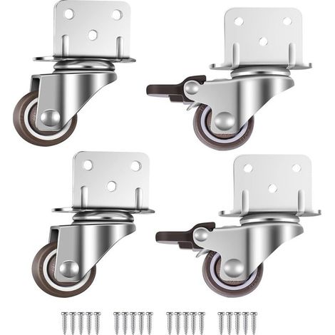 Lot de 4 petites roulettes pivotantes pour meubles, 25 mm avec frein, plaque de montage en L, convient pour meubles, supports de fleurs, crèches (25 mm) (1/5)