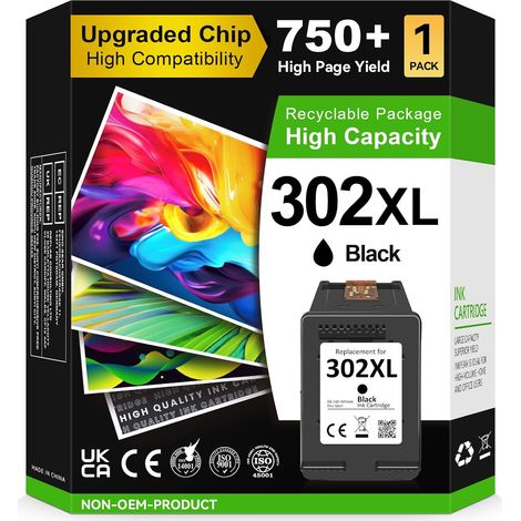 Cartouche 302 XL Noir, 302XL Remplacement pour Cartouche d'encre HP 302, Cartouche Imprimante 302 XL pour OfficeJet 3831 5232 4650 4658 5230 DeskJet 3630 3636 3639 Envy 4524 4527 (1/5)