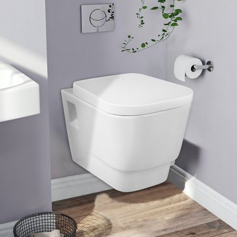 Bathroom Wall Hung Toilet Pan WC Modern Unit Ceramic with Soft Close Seat White (1/4)