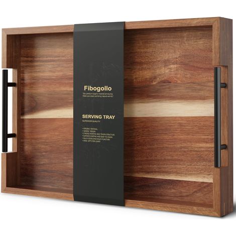 Plateau de service rectangulaire en bois d'acacia avec poignée en métal, 43 x 30 cm, plateau ottoman décoratif pour petit déjeuner, vaisselle, boissons, grand (1/5)