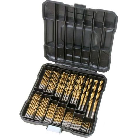 Coffret de 99 forets hélicoïdaux titanés en acier rapide, 1-10mm, queue ronde, avec boîte de rangement, pour menuiserie et perçage (1/5)