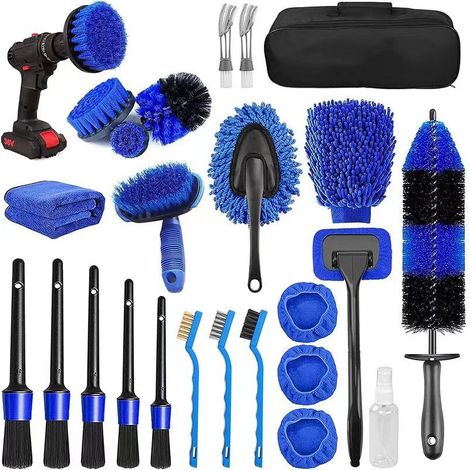 Set 25 spazzole pulizia auto, kit cura interni/esterni, spazzola per trapano e cerchioni