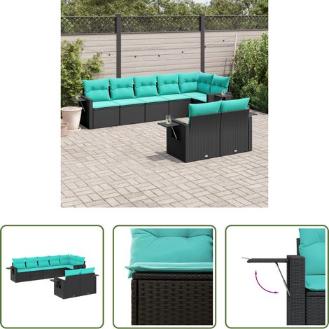 Canapé de jardin - Salon de jardin 8 pcs avec coussins noir résine tressée (1/5)