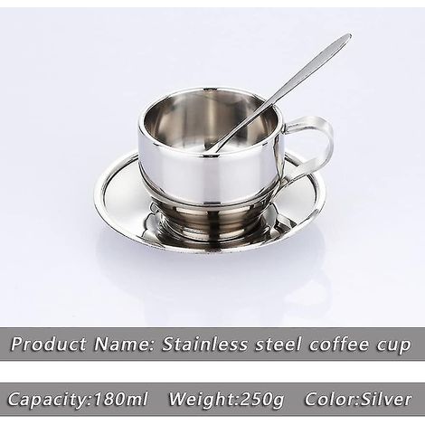 Coffee Cup Set Stainless Steel Double Walled Cappuccino Handle Mugs With Spoon And Saucer Shatterproof Ins Cafes Restaurant (silver) (1/5)