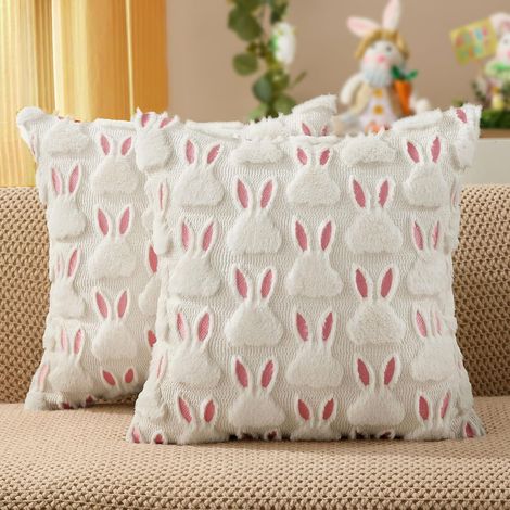Housses de coussin décoratives de Pâques – 45 x 45 cm (lot de 2) – Décoration de Pâques – Housses de coussin roses à motifs de lapins – Housses douces et moelleuses en jacquard imitation fourrure – Dé (1/3)