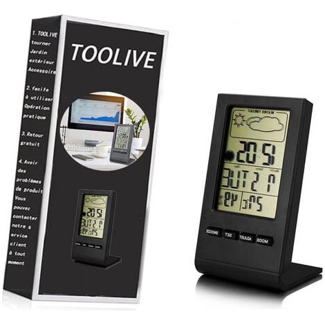 Station météo sans Fil, Thermomètre Hygromètre Baromètre Intérieur Extérieur, Horloge Numérique Réveil avec capteur extérieur Affichage Heure Date Jour Phase de Lune(Noir) (1/3)