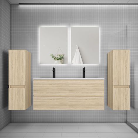 Ensemble meuble de salle de bain et lavabo chêne (L.120cm) 4 tiroirs + meuble haut2 + lavabo + miroir LED2