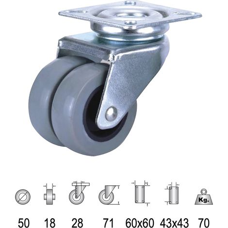 Roulette Domestique Double Polyamide Gris Platine 50mm