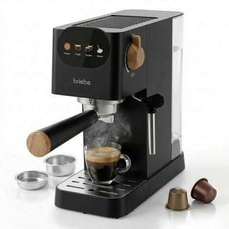 Briebe EC1180BLK Nordic Cafetera Espresso 20 Bares Compatible Cápsulas Nespresso y Café Molido Espumador Leche 1350W Negro