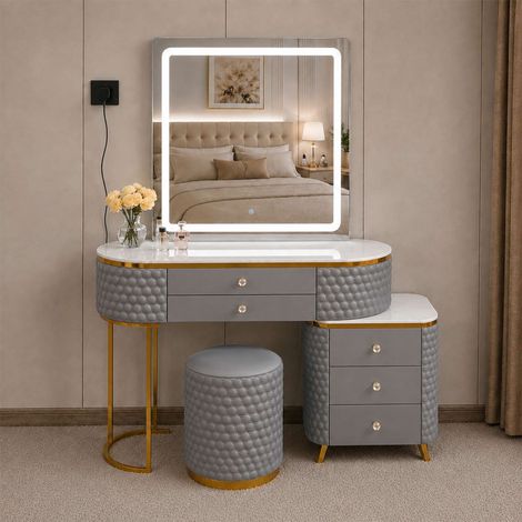 Luxury Dressing Table with LED Mirror Stool & Storage Cabinet 5 Drawers Touch Sensor - Grey W130 x D40 x H130 cm (1/4)