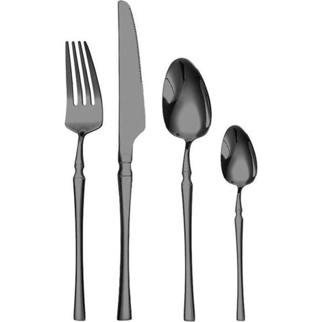 Couverts de Table 24 Pièces Service 6 Personnes, Ensemble de Couverts en Acier Inoxydable avec Cuillère, Couteau, Fourchette, Poli Miroir & Lave-vaisselle-noir (1/4)