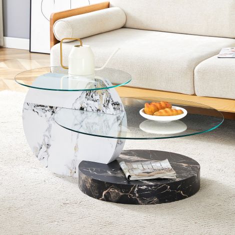 Tavolino da caffè moderno e minimalista con due ripiani in vetro di sicurezza, design a più livelli, struttura di supporto in MDF di alta qualità con effetto marmo bianco e nero. Disponibile in divers (1/5)