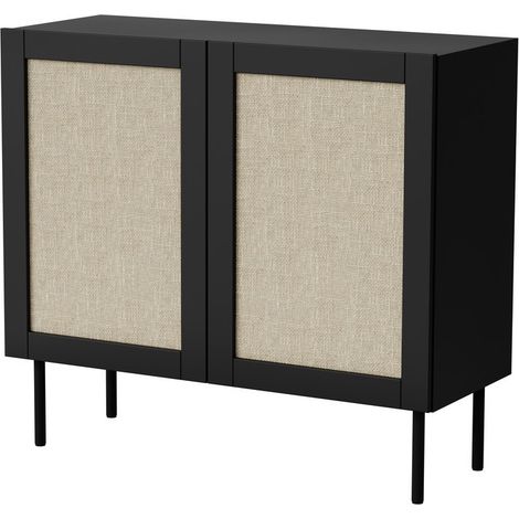 Buffet noir 100 cm 2 portes avec façades en rotin Rota (1/3)