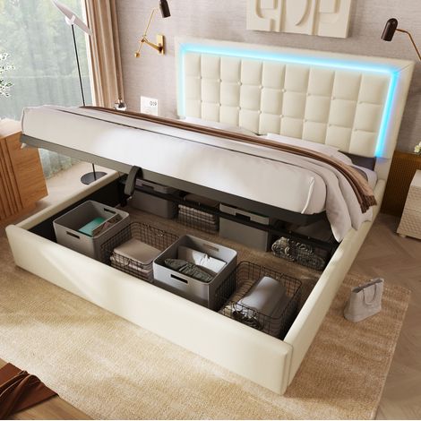 REDOM - Cama con almacenaje 160x200 cm con LED y láminas en PU blanco (Con colchón) (1/5)