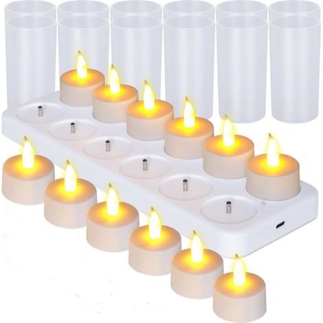 Bougies thé rechargeables sans flamme à effet scintillant, lot de 12 pièces avec socle blanc, pour décoration : fêtes, mariages, bars, maison, dîners et pique-niques en extérieur. (1/5)