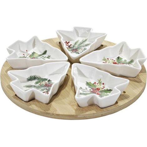 TRADE SHOP - Antipastiera Con Vassoio Base In Bambù 5 Ciotole In Stoneware A Forma Di Albero Di Natale - (1/2)