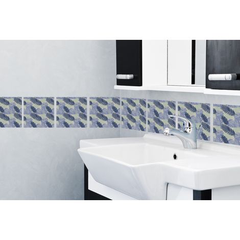 Sticker carrelage adhésif Jungle Bleue, 6 carreaux 15 cm X 15 cm, décoratif lessivable, autocollant feuilles de bananier (1/3)