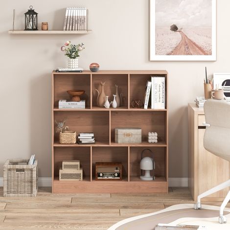 Bibliothèque Armoire à Livres 8 Cubes 3 Niveaux Bois Naturel 100 cm (1/3)