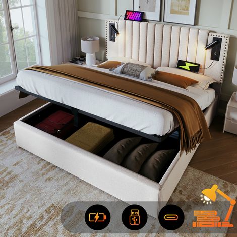 Cama canapé 180x200 cm beige, cabecero regulable, lámpara de lectura, USB/Type-C (1/5)