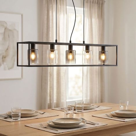 Fischer & Honsel 6095160 Hängeleuchte MATERA E14 5x10W Metall sandschwarz, Glas rauchfarben zu klar H:150cm L:95cm B:18cm dimmbar (1/5)
