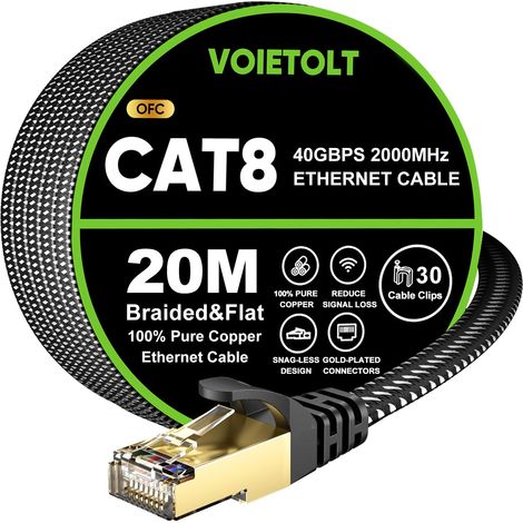 Cat8 Câble Ethernet 20M,40Gbps/2000Mhz Haut Débit Plat Tresse RJ45 (1/5)
