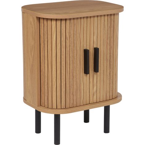 Mesita de noche retro puertas correderas MDF patas de metal madera clara Bradley