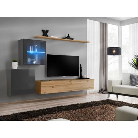 Ensemble mural - Switch XV - 2 vitrines - 1 banc TV - 2 étagères - Bois et graphite - Modèle 2 - Livraison gratuite