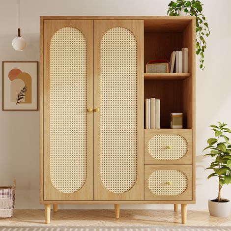Armoire 120x48x161 cm avec Penderie et Portes en Cannage Rotin, Dressing avec 2 Tiroirs et Étagères, Style Bohème - Aspect Chêne (1/5)