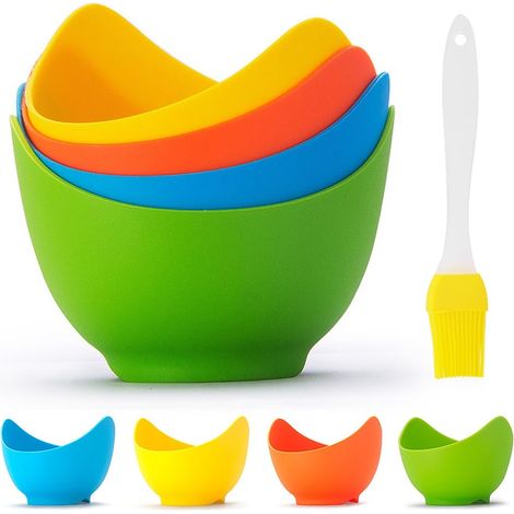 Moldes de silicona para escalfar huevos con soporte, antiadherentes, aptos para estufa y freidora de aire, libres de BPA, juego de 4 con brocha de aceite adicional