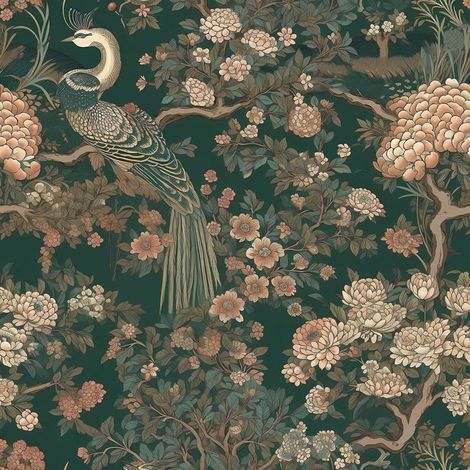 Papier Peint Vert Foncé Vintage Oiseaux Et Fleurs Paon Pivoine Arbres Papier Peint Adhesif Mural Chambre Fleuri Vintage Rose[BI166] (1/5)