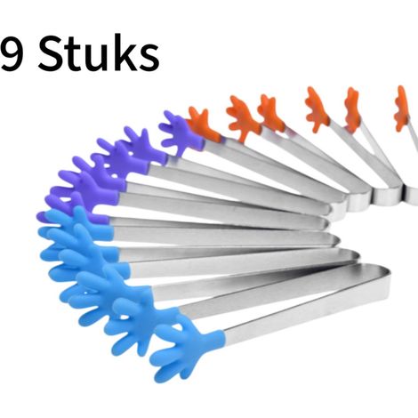 Lot de 9 mini pinces de cuisine en silicone alimentaire et acier inoxydable, idéales pour les glaçons, le sucre et les collations. (1/5)