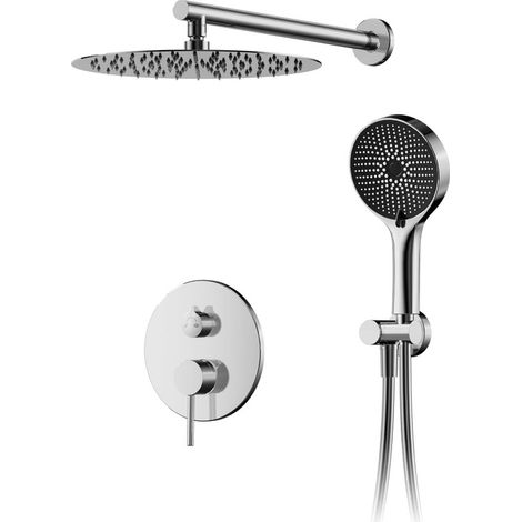 Colonne de douche, système de douche encastré complet mural chromé Douche encastrable avec pomme de douche ronde à effet pluie 40 cm, pommeau haute pression autonettoyant et douchette à main (1/5)