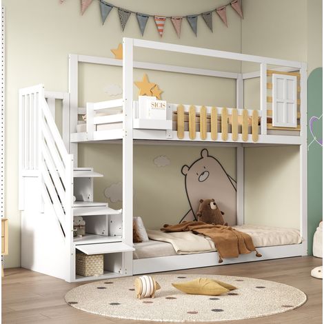 Letto a castello 90x200 cm bianco naturale in legno e MDF con scala (1/5)