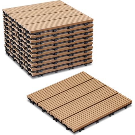 Jiubiaz 33pcs WPC Terrassenfliesen mit Drainage und Klicksystem für Garten Balkon Bodenbelag 30x30cm Teak