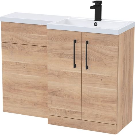 Balterley Right-Hand Bathroom Vanity and WC Unit Combination with Basin - 1100mm - Woodgrain Light Oak with Black Handles