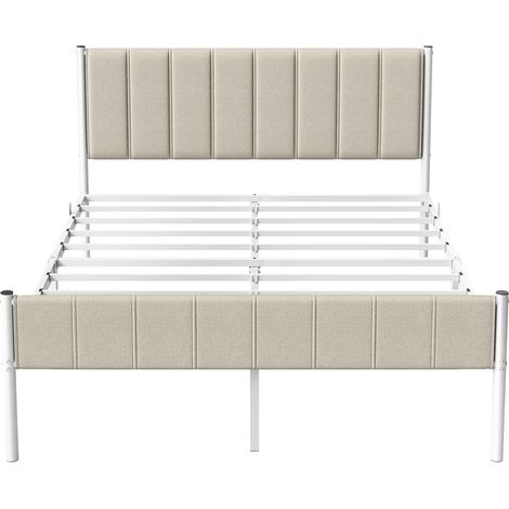 Vasagle – Lit double 160 x 200 cm – Structure en acier – Tête de lit capitonnée – Montage rapide – Beige – Espace de rangement sous le lit (1/5)