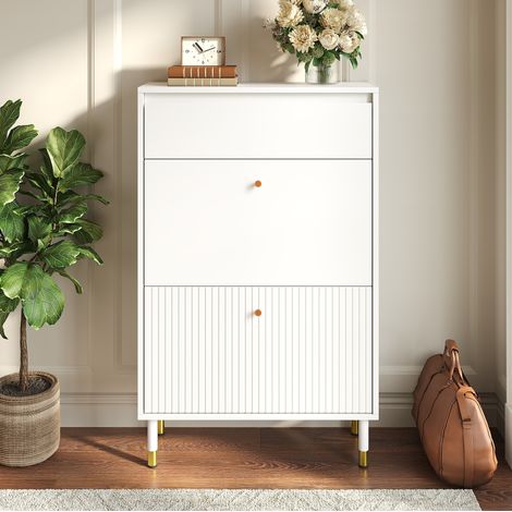 Zapatero estrecho con cajón, 65x24x104 cm, 2 compartimentos abatibles, frentes estriados, MDF y PB blanco (1/5)