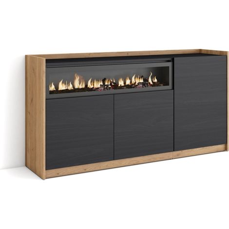 Skraut Home - Aparadores para salón, 156x37x80cm, 3 Puertas, Chimenea eléctrica, Negro y roble (1/5)