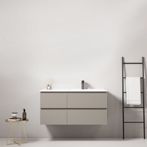 Mobile bagno sospeso cannettato 100 cm Grigio Cenere Lavabo a Destra in Ceramica Senza Specchio - Fiji Paint (1/4)